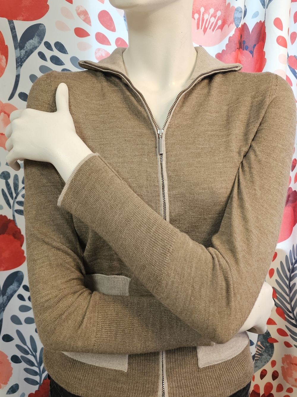Equestrian Zip-Front Brown Knit Sweater